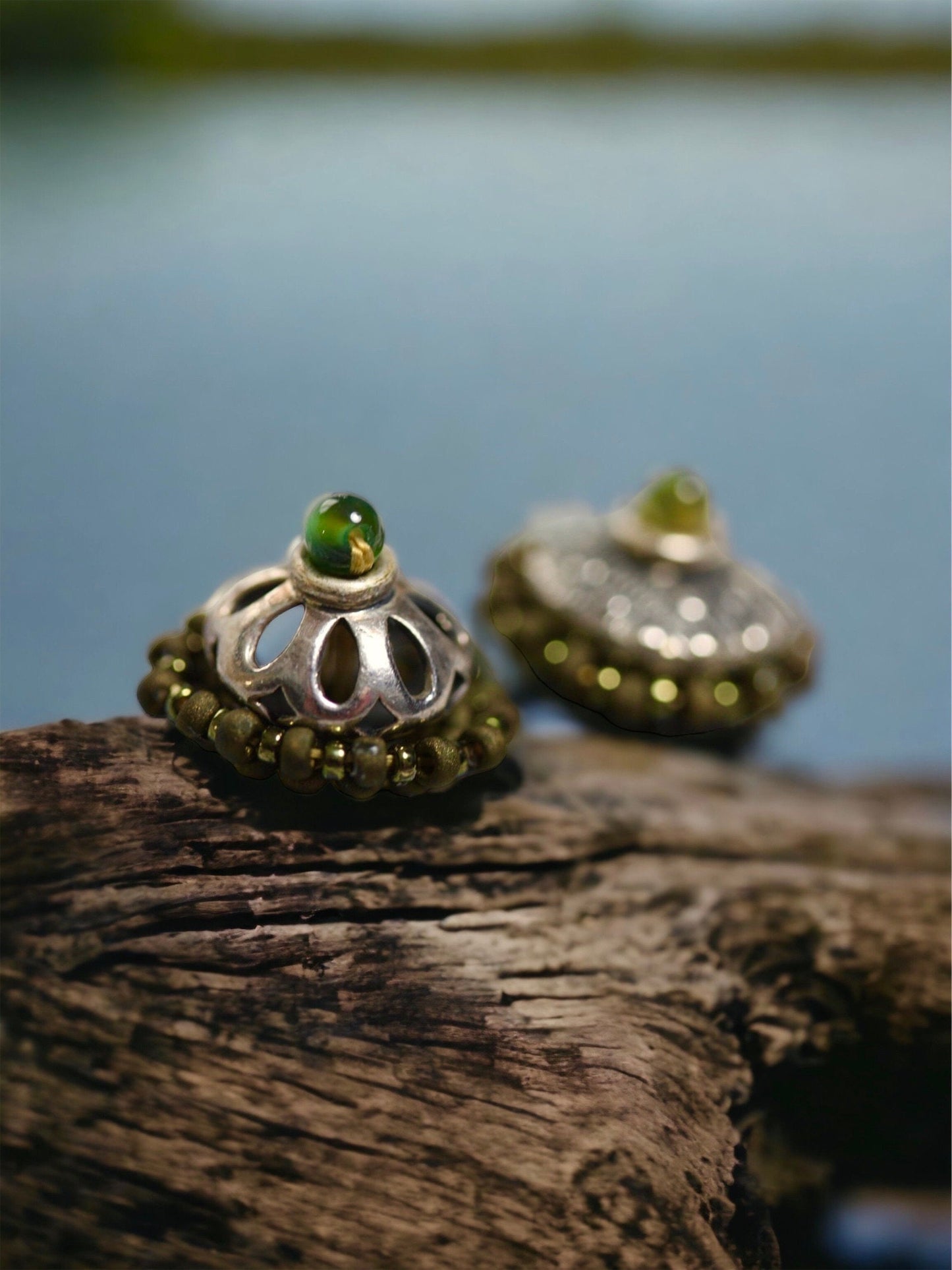 Mismatched mixed material hand beaded stud earrings - very unique - shades of green - handmade original beadwork