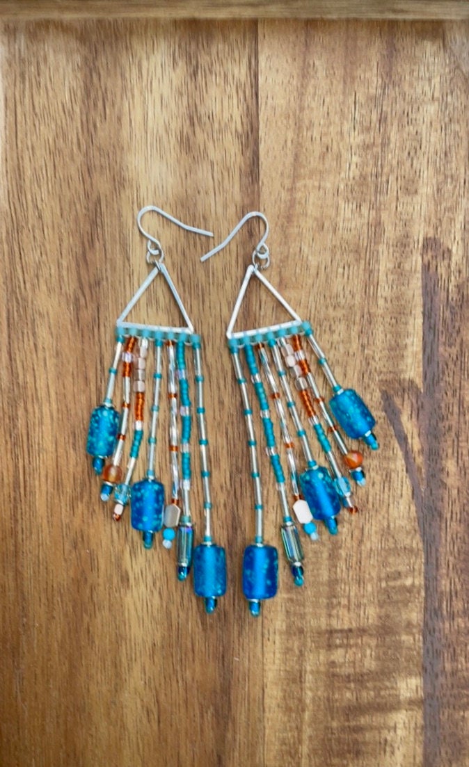 Hand beaded stunning dangle mixed material long statement beadwork earrings - art glass, crystal, metal, semi precious stone, seed beads