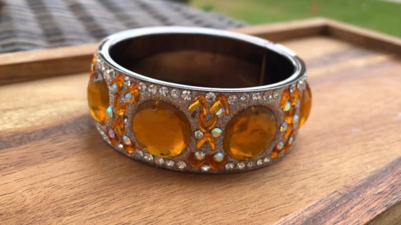 Stunning vintage wide bangle bracelet - orange inlaid rhinestone mosaic