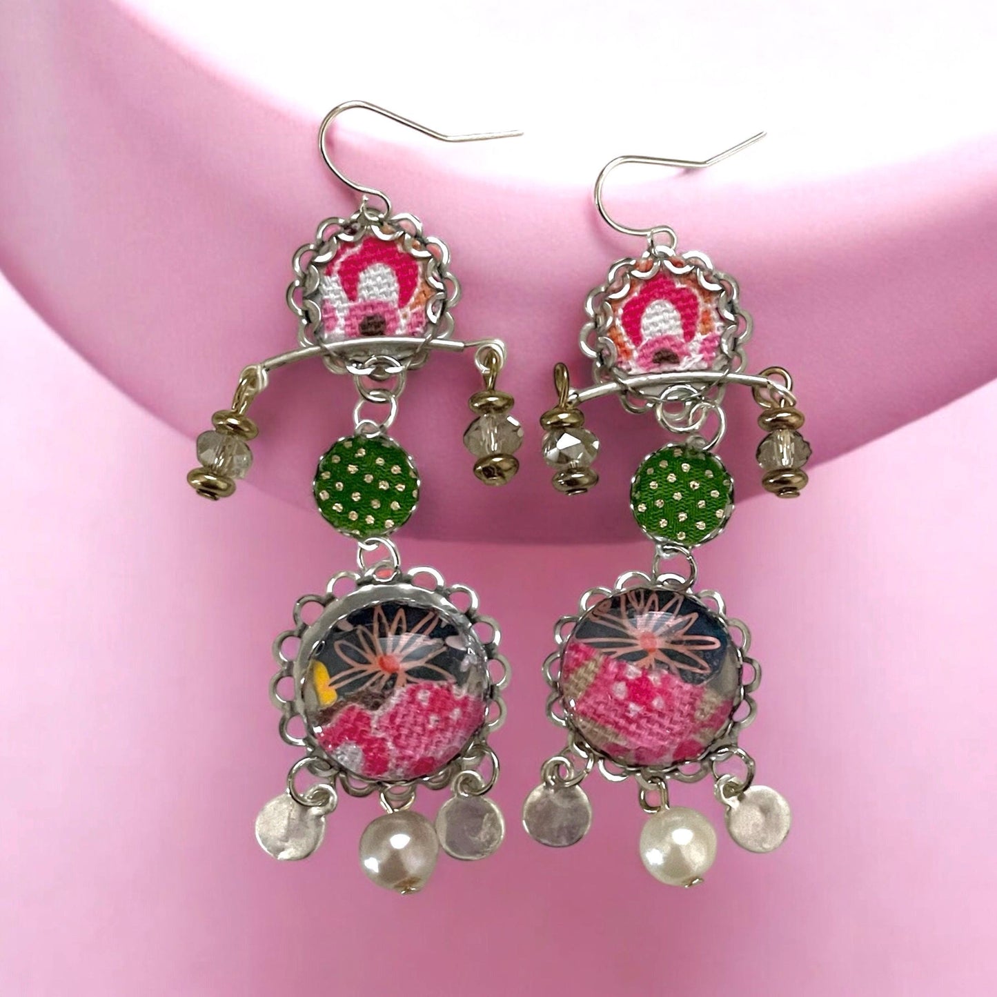 Handmade mixed media earrings made with fabric, paper, hammered metal, mixed metals, crystals and faux pearls.  Sterling ear wires.