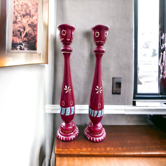 Charming vintage painted wood candlestick holders - folk art style