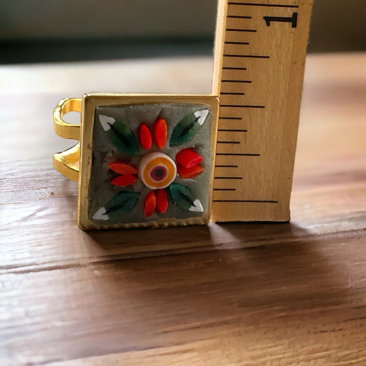 Handmade folk art inspired micro mosaic adjustable ring - hand cut glass millefiori