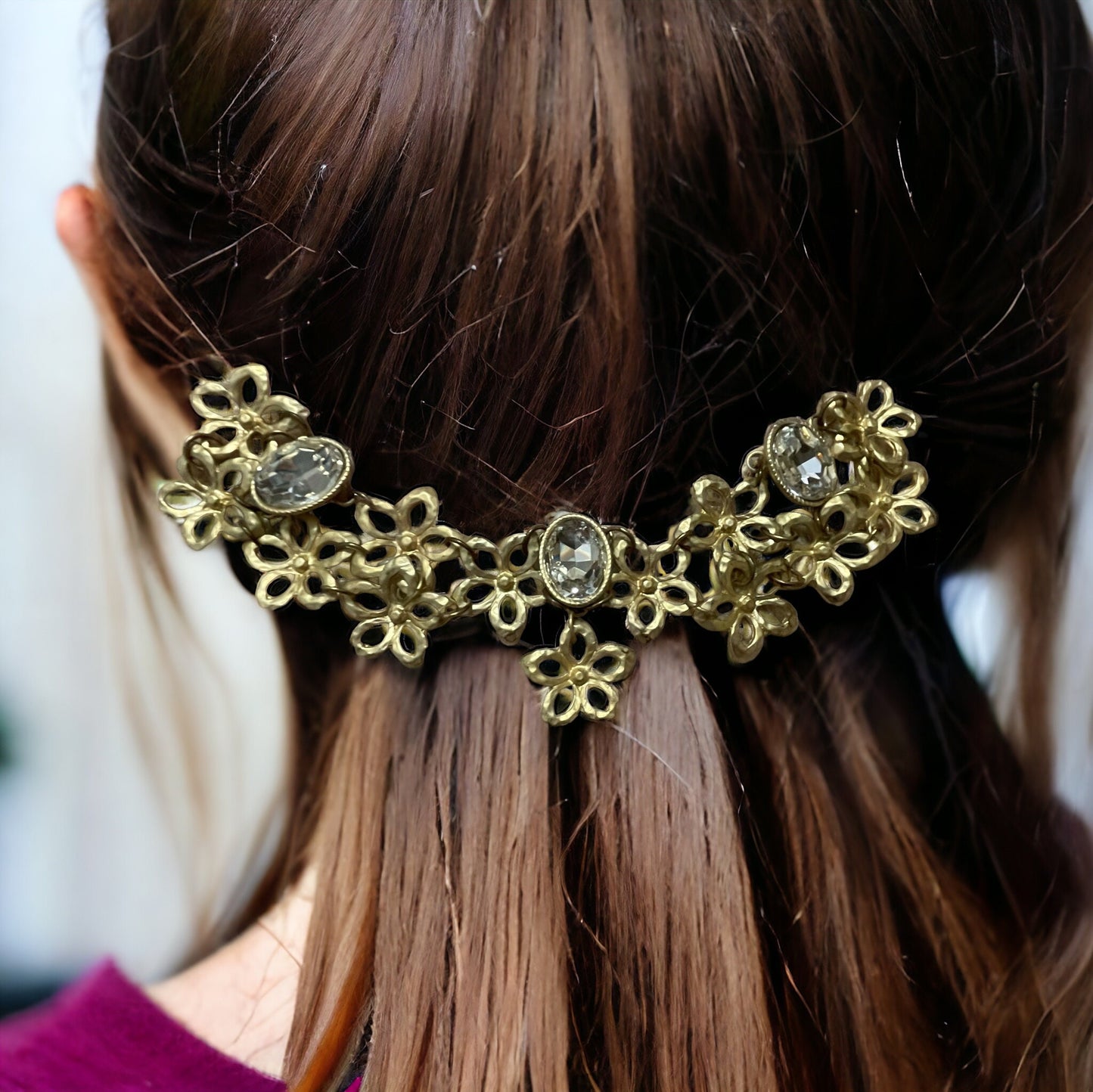 Mixed material upcycled hair accessory - hair clip - gold metal flowers and rhinestones