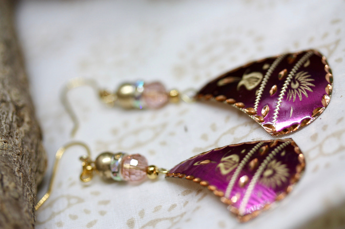 Upcycled pink etched copper dangles with new crystals and beadwork