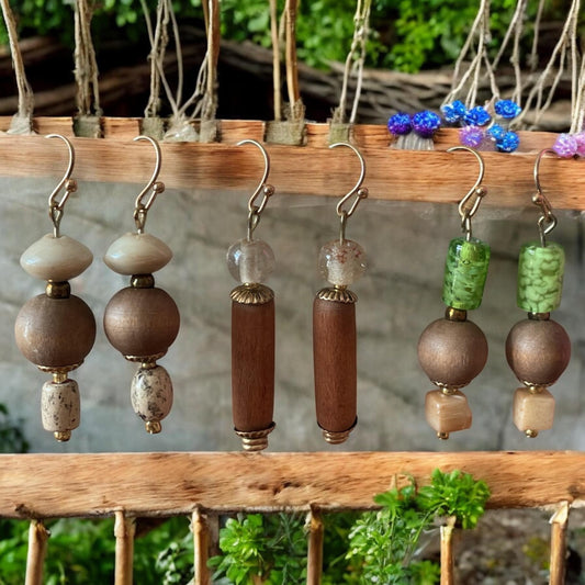 Handmade wood and glass dangle earrings - Your choice
