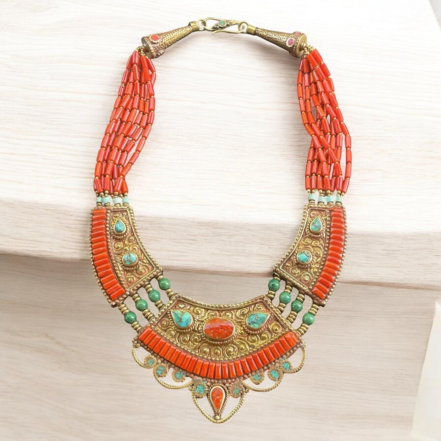 Boho Tribal Statement Necklace | Red Coral Beaded Ethnic Necklace | Tibetan Style Turquoise Brass Necklace | Bold Festival Jewelry