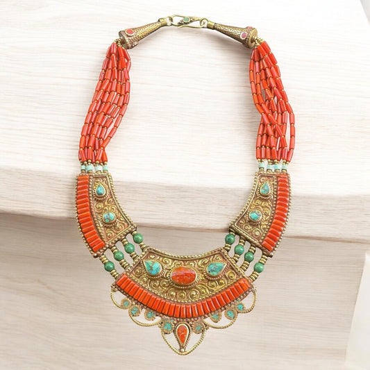 Boho Tribal Statement Necklace | Red Coral Beaded Ethnic Necklace | Tibetan Style Turquoise Brass Necklace | Bold Festival Jewelry