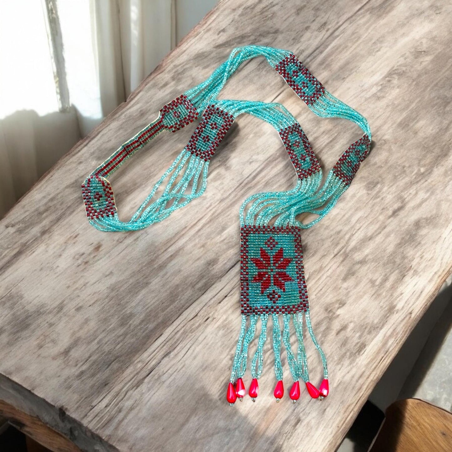 Stunning long multi-stranded vintage handmade all-beaded necklace - turquoise and red glass seed beads