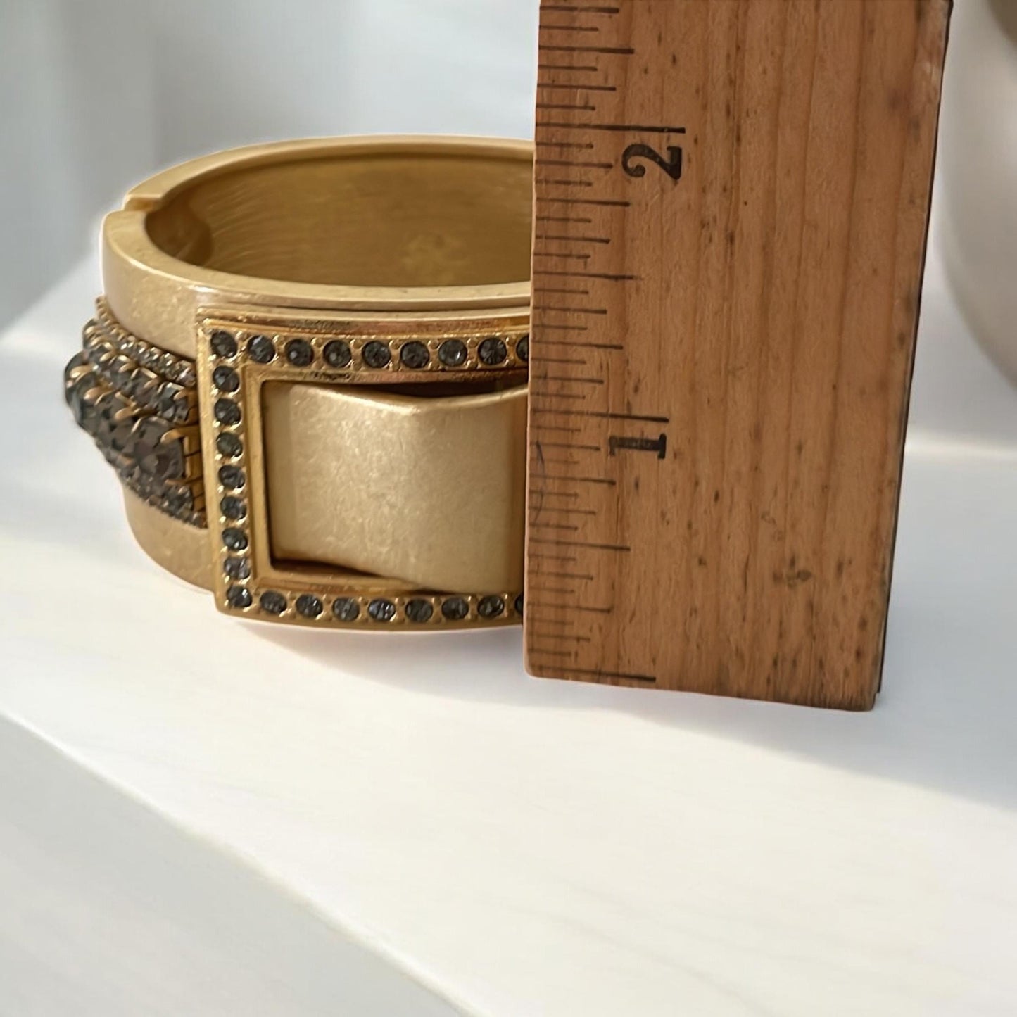 Goldtone Wide Bangle Bracelet with Silvery Gray Rhinestones • Vintage Statement Jewelry • Chunky Glam Cuff • Bold Costume Bracelet