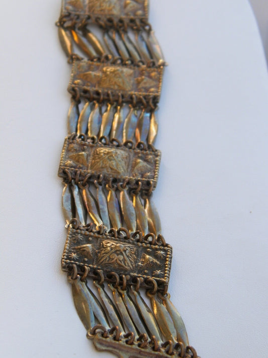 Vintage alpaca embossed Mexican panel bracelet - signed
