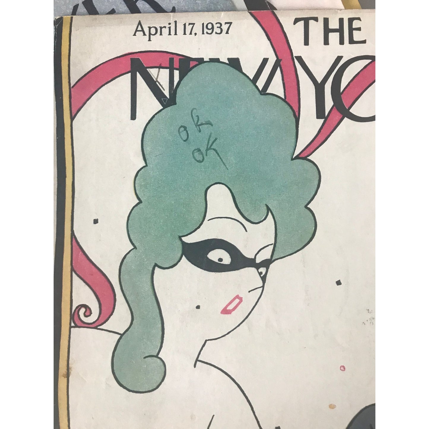 Rare - April 17, 1937 - The NEW YORKER Magazine original cover by Rea Irvin - masquerade party, removing a mask - please read description