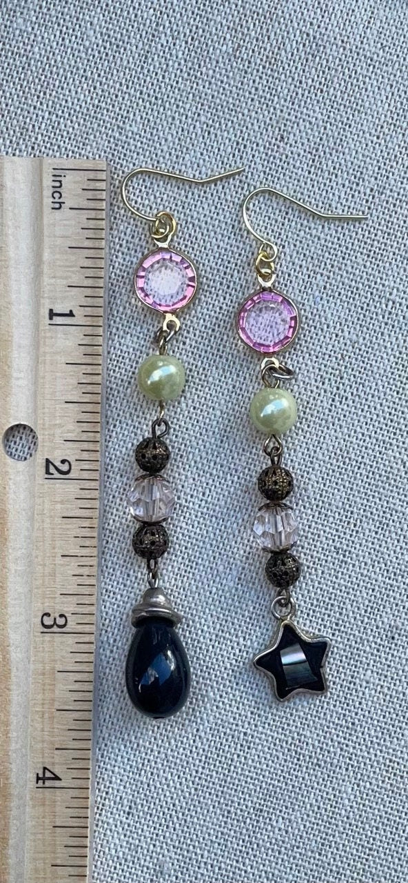 Unique long dangle earrings made with new and vintage materials - pink crystals, faux pearls, metal filigree, sterling silver abalone dangle