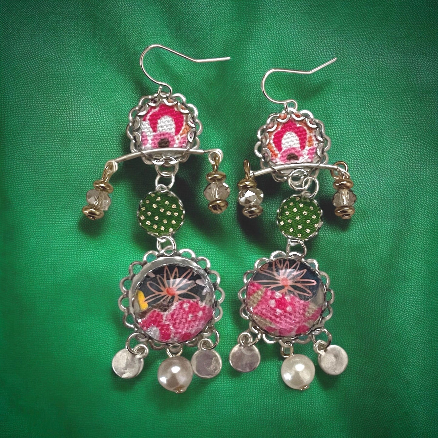 Handmade mixed media earrings made with fabric, paper, hammered metal, mixed metals, crystals and faux pearls.  Sterling ear wires.