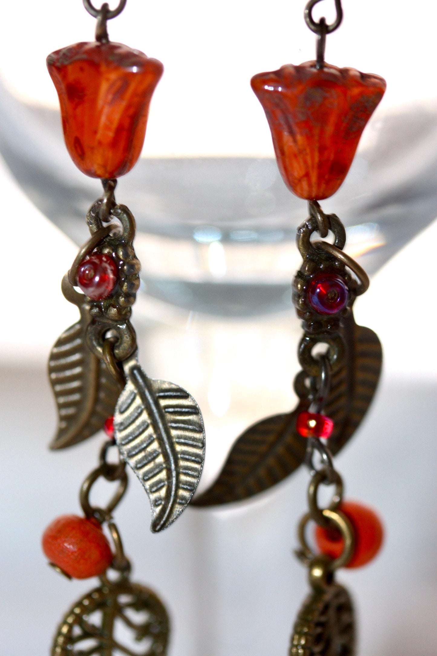 coppery - orange tulip mixed material vintage and new element handmade dangle earrings