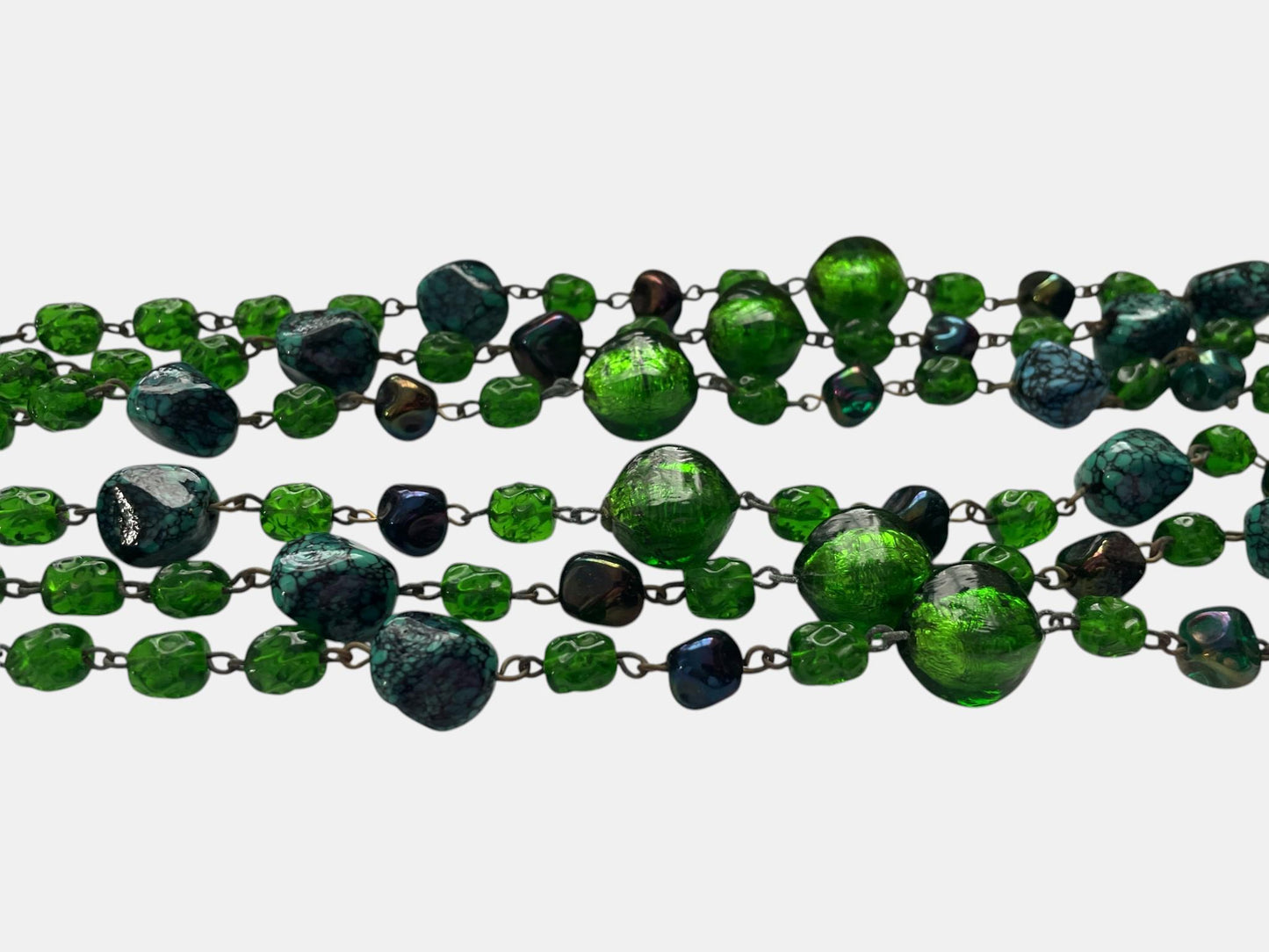 Vintage Emerald Green Glass Necklace, 3 Strand Art Deco Style Statement Necklace, Foil Glass & Turquoise Look Synthetic Beads