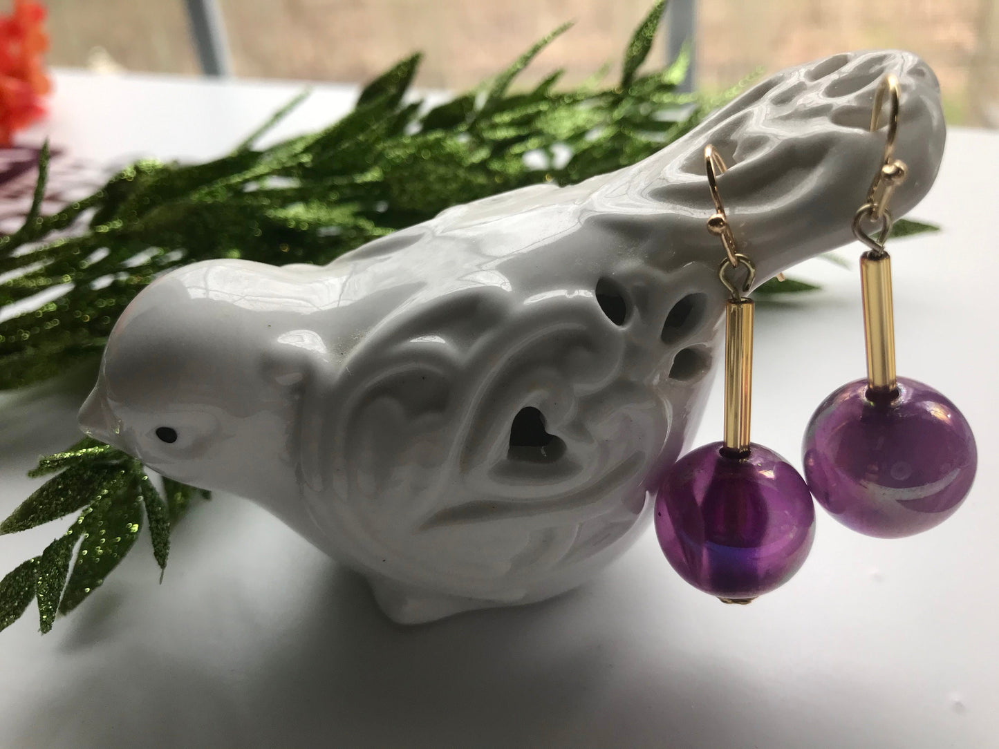 Handmade earrings with upcycled vintage purple glass ball dangles and goldtone glass bugle beads