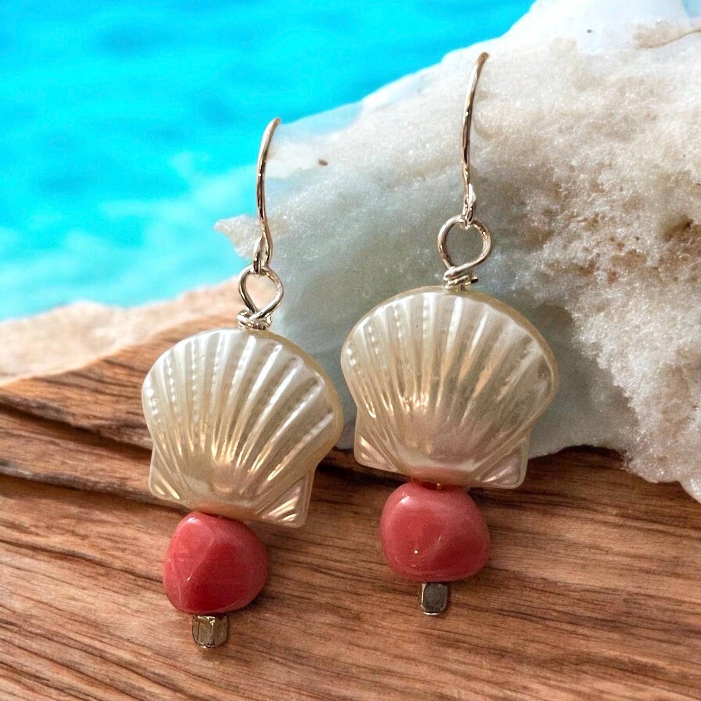 Faux Shell Earrings with peach Drops – Coastal Boho Dangle Earrings, Beach Jewelry, Lightweight Statement Earrings, Summer Accessories