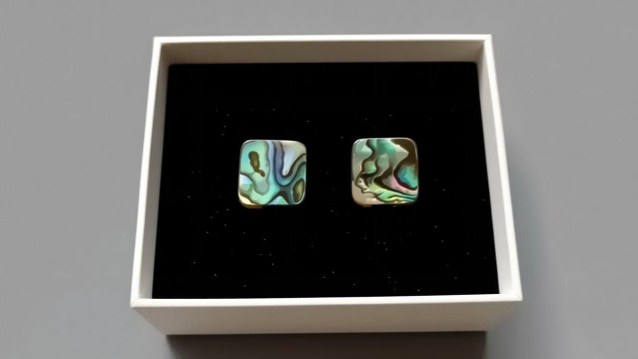 A hand holding two square earrings with a green and blue pattern, placed in front of a white box.