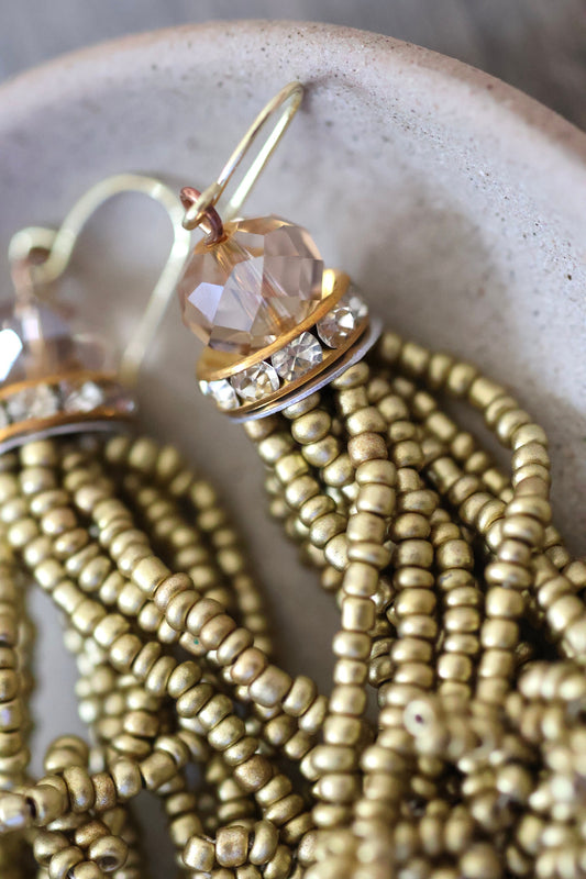 Stunning vintage beadwork gold tassel and crystal dangle earrings