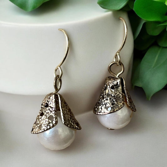 Gold filigree wrapped faux pearl dangle earrings