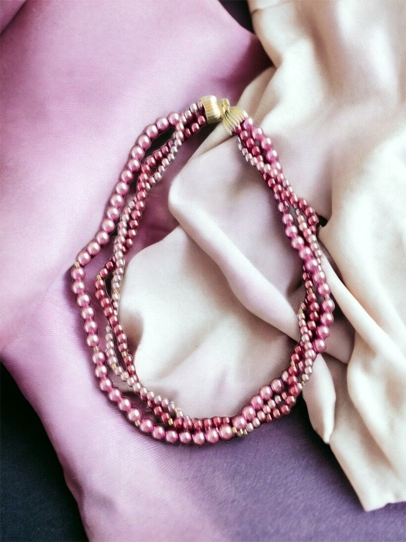 Shades of purple faux pearls - multistrand vintage necklace