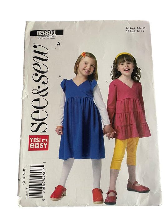 Butterick Pattern B5801 Little Girls EZ See and Sew Raised Waist Dress & Top - Sizes 3,4,5,6 - please read description