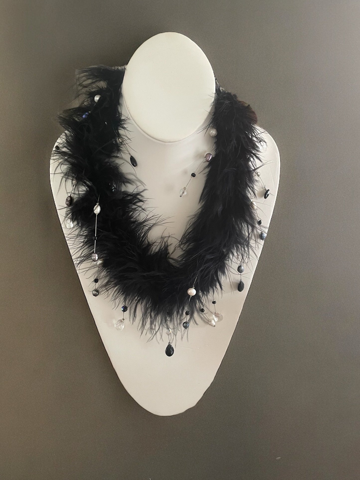 Unique vintage black feather necklace with crystals and pearls