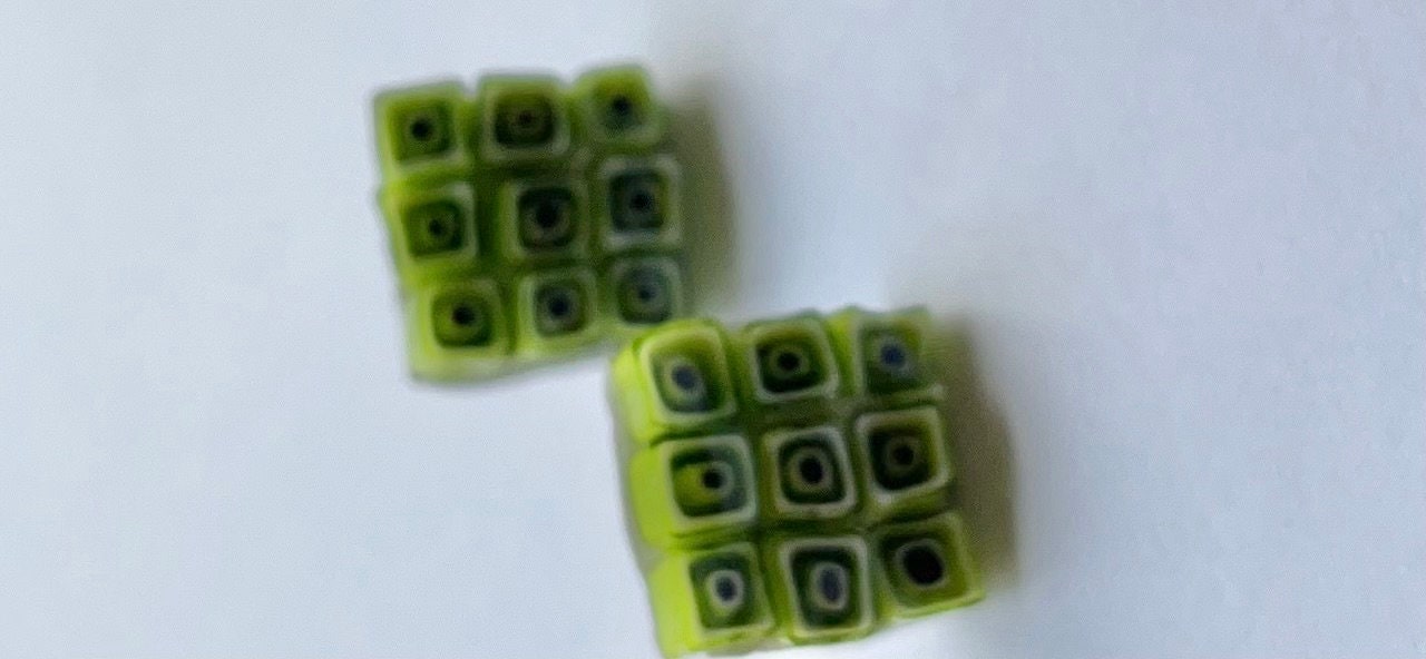 Small handmade lime green squares micro mosaic glass half-inch stud earrings