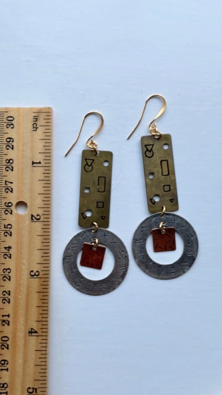 Stunning mixed metal geometric designed dangle earrings - signed NP