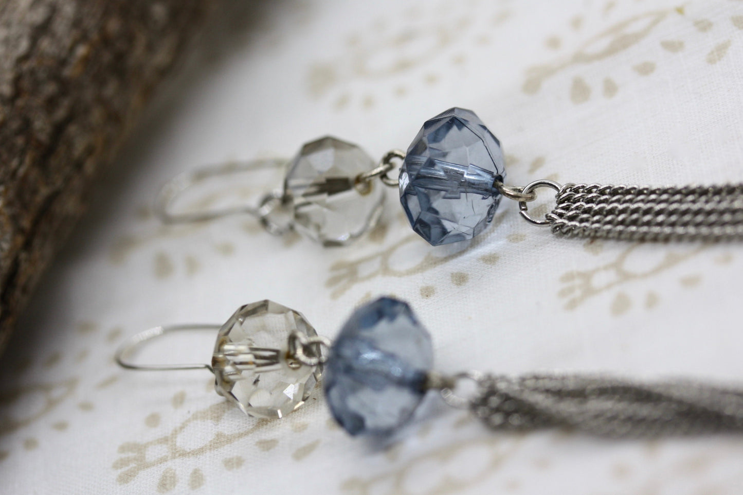 Ultra long, ultra sexy blue and white faceted crystals with metal tassel handmade earrings with vintage components