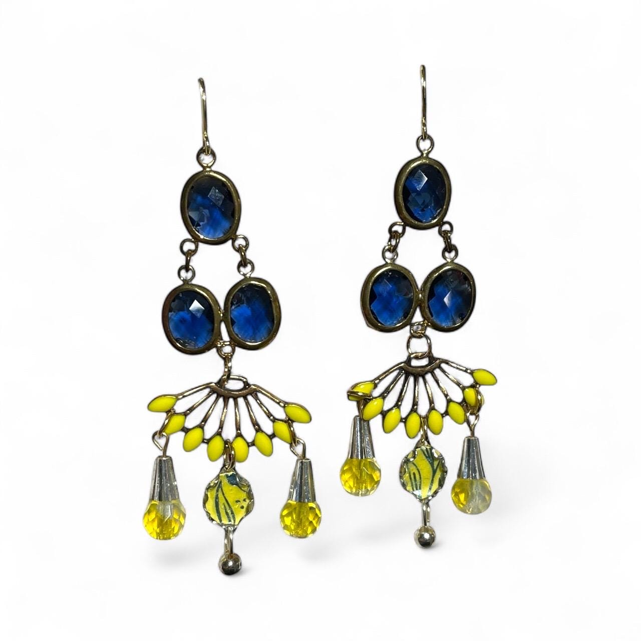 Chandelier Collage earrings -  blue faceted crystals with yellow enamel and glass trim