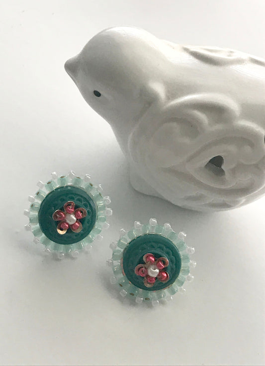 Intricately beaded vintage buttons handmade stud earrings - turquoise