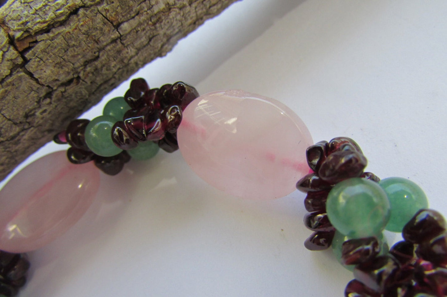 Vintage beadwoven gemstone bracelet - pink quartz, garnet and more