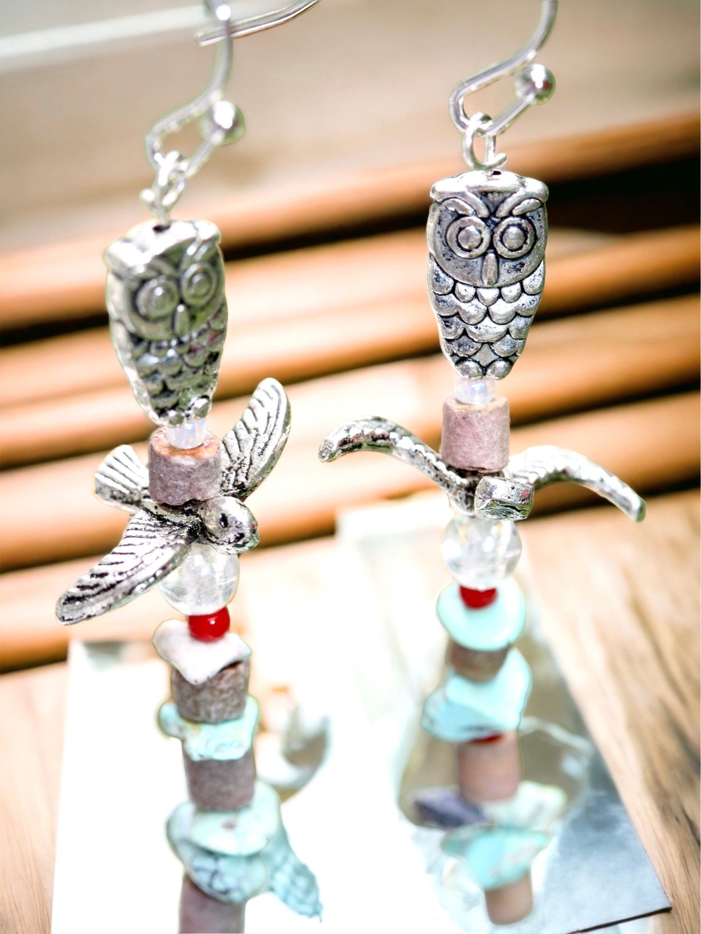 Owl and bird "totem pole" beaded earrings