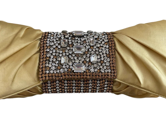 Gold Satin Clutch – Designer Evening Bag with Hand-Set Crystals & Bow Silhouette