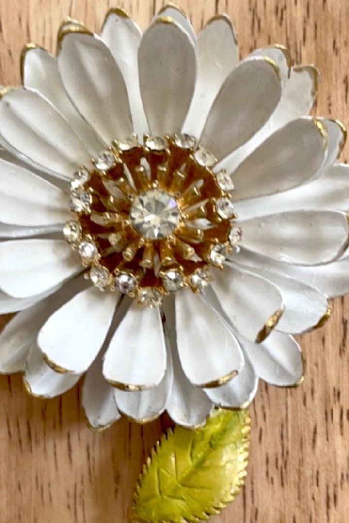 Revised, Modernized, Upcycled - hand made / hand painted one-of-a-kind mixed media vintage white flower pin with rhinestones