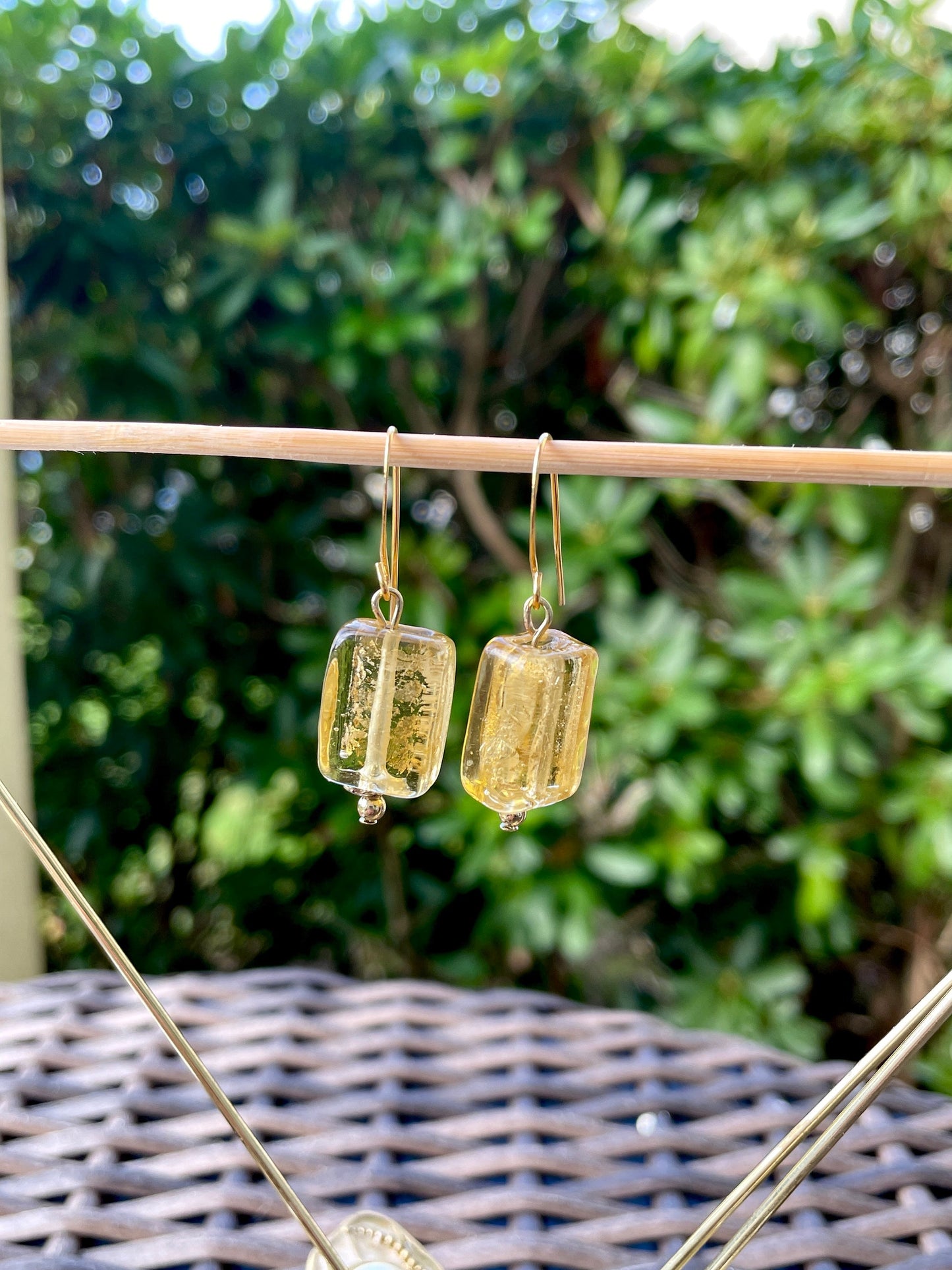 Rectangular yellow golden glass dangle earrings - with sloped ear wires