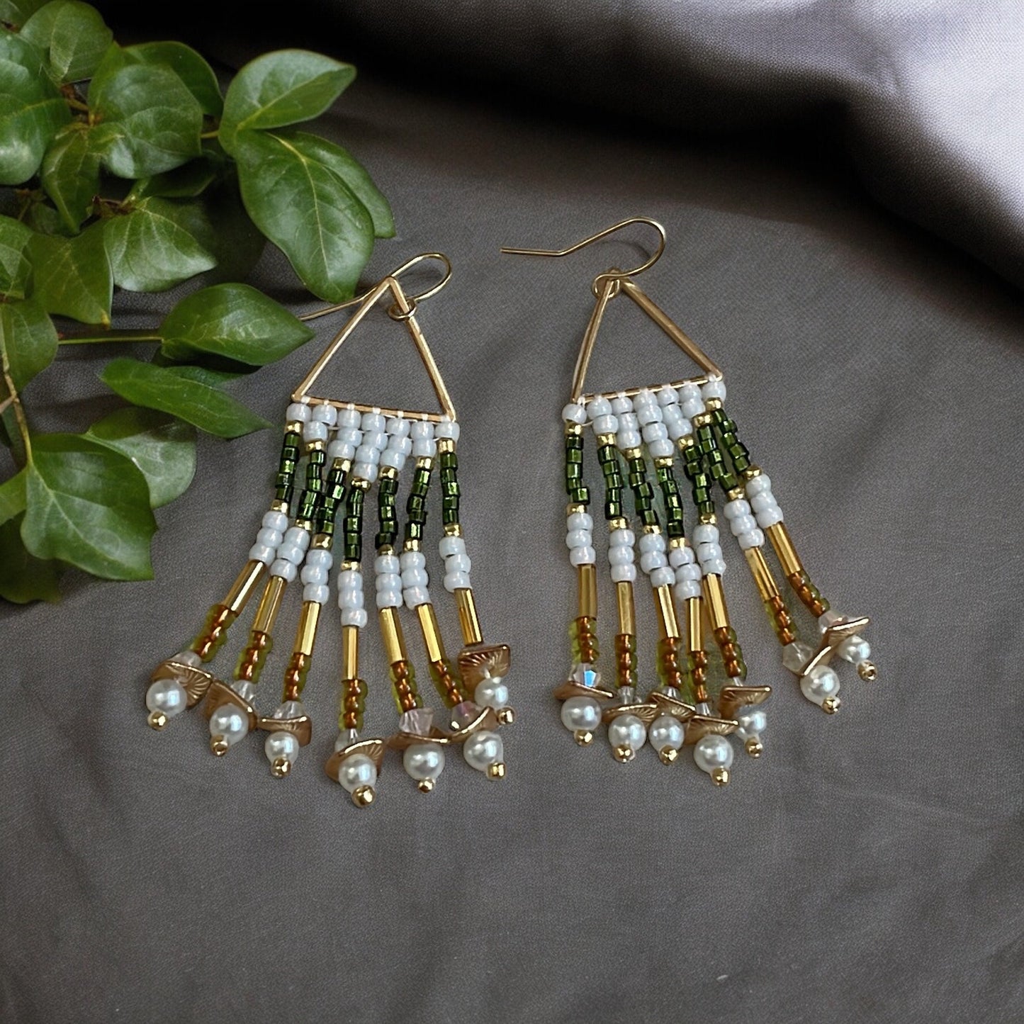 Hand beaded stunning dangle  earrings - emerald green and gold with white faux pearls