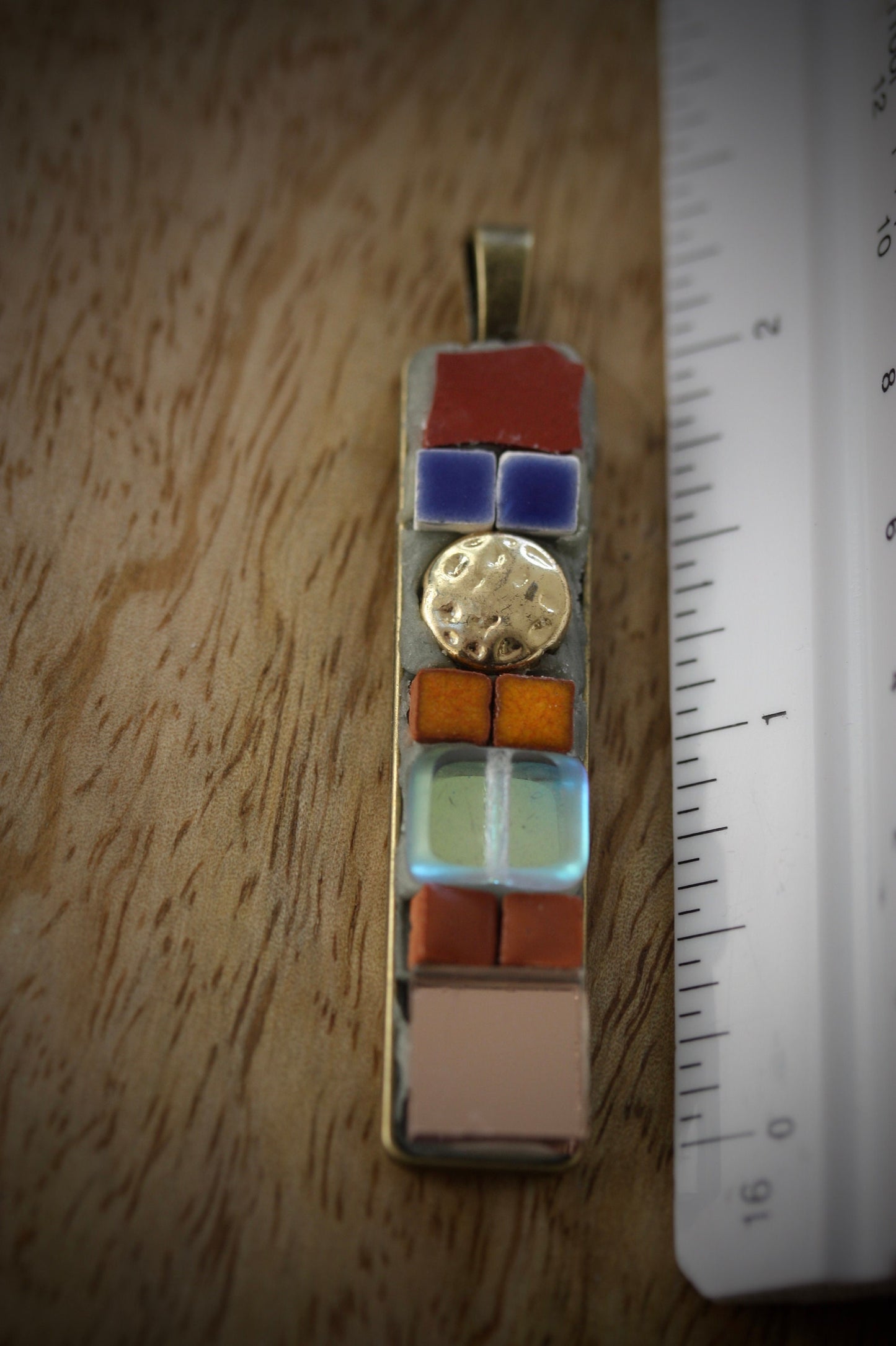 Handmade mixed material mosaic necklace - glass, ceramic tiles, rose gold colored mirror, upcycled goldtone hammered metal