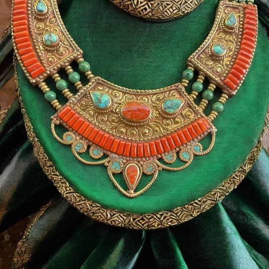 Boho Tribal Statement Necklace | Red Coral Beaded Ethnic Necklace | Tibetan Style Turquoise Brass Necklace | Bold Festival Jewelry
