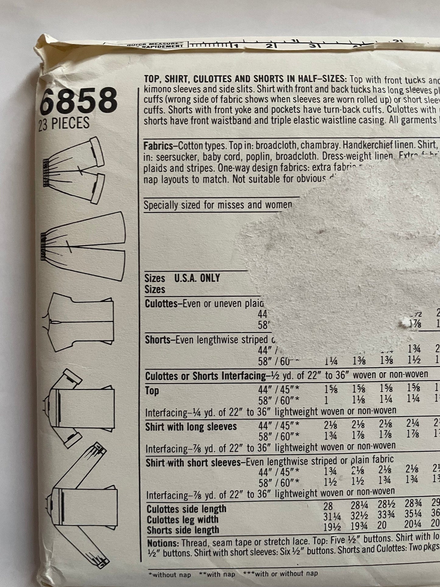 UNCUT Sewing Pattern - Simplicity 6858 Womens Pocket Top, Culottes, Shorts, Sewing Pattern Sz 20 and 1/2