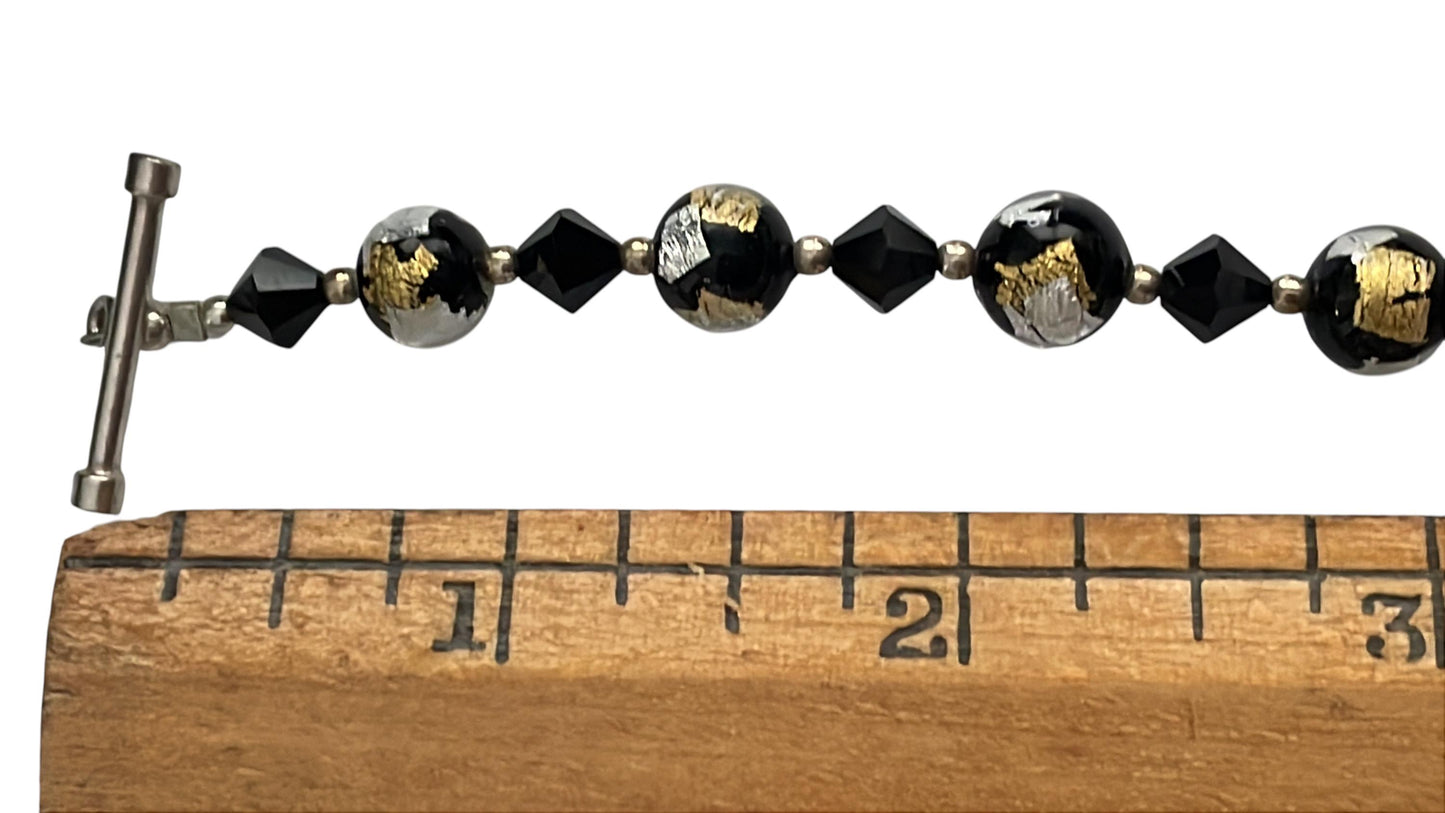 Vintage Lucky Clover brand Murano Glass Bracelet Black Gold Silver Foil Beads, Adjustable 7-8 Inch,m Italian Art Glass Jewelry