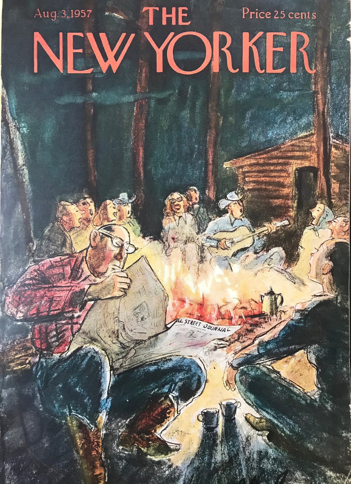 The NEW YORKER Magazine original cover - August 3, 1957 - singing and reading around the campfire