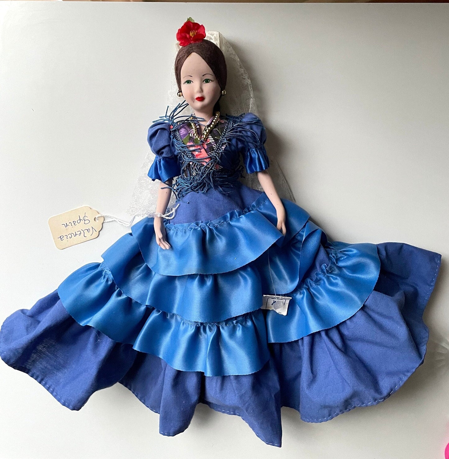 Stunning vintage Marin chiclana Spanish porcelain doll in beautiful royal blue dress with red hair flower and lace - from Valencia, Spain
