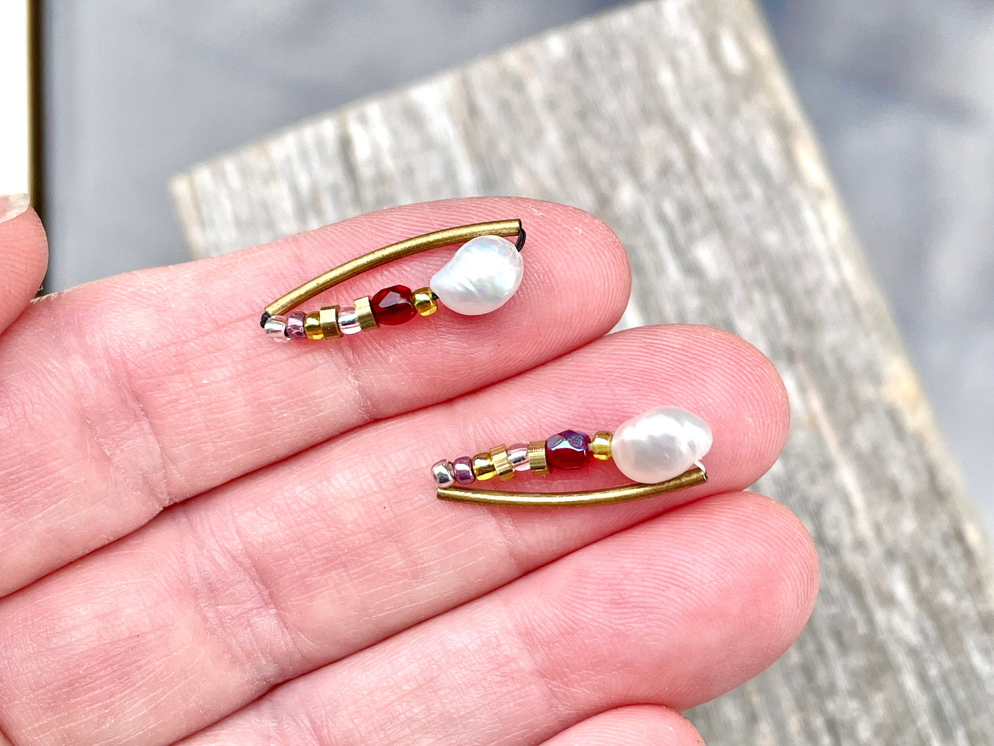 Unique mixed material handmade sterling silver stud earrings - baroque pearls, glass, metal, Japanese seed beads
