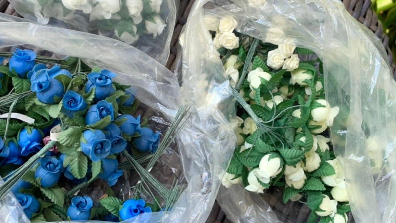 Three dozen (36) individually wire stemmed faux flowers - available in 3 colors - blue, yellow or white