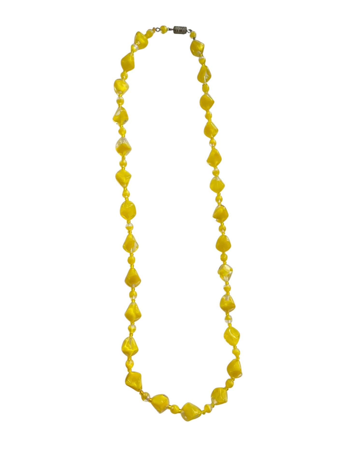 Vintage 1950s Czech Cased Glass Necklace – Bold Yellow & Clear Mid Century Art Glass Statement Beads