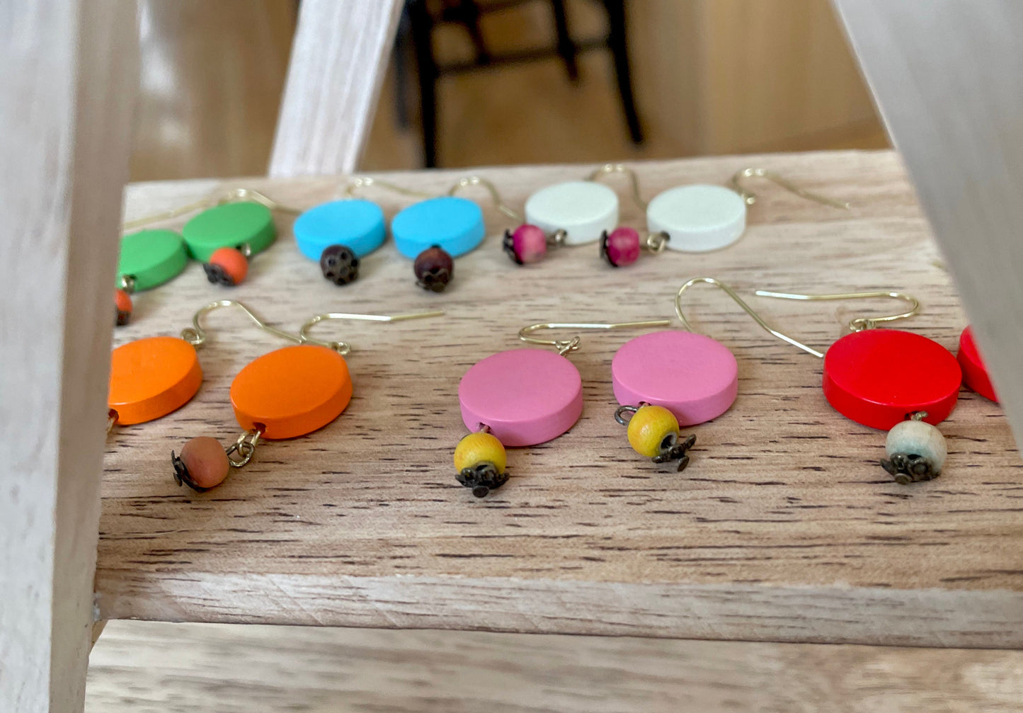 Colorful round wooden fun dangle earrings - your choice of color combos