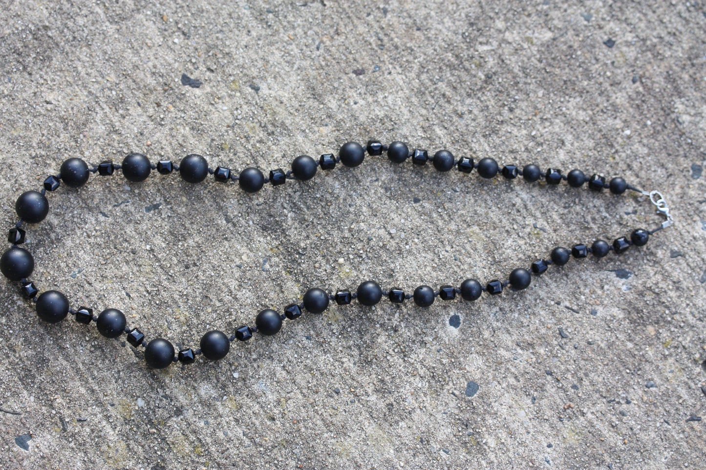 Stunning, high quality long black vintage necklace - with black matte round faux pearls and smooth cubed black crystal-like beads