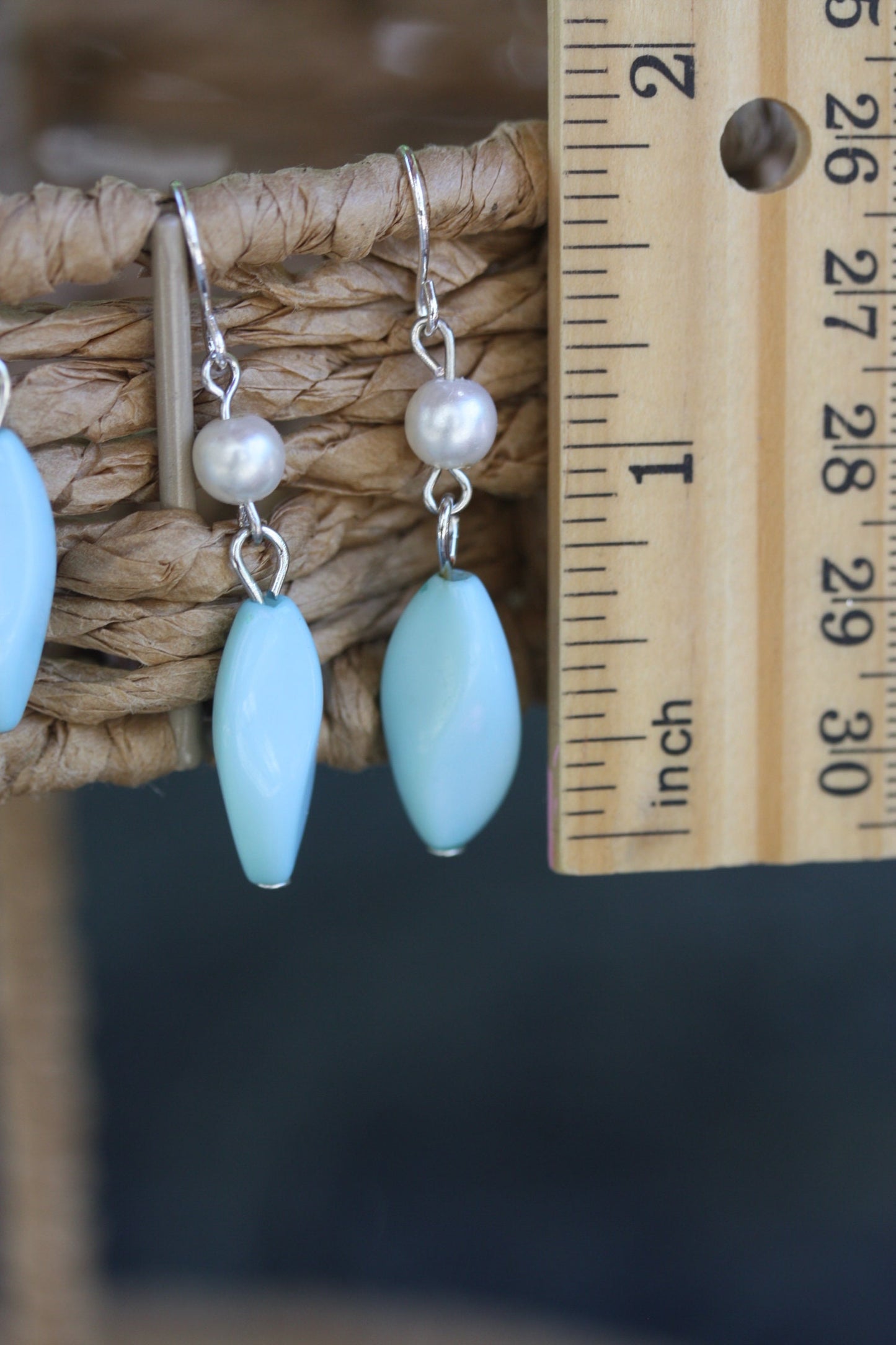 Simple upcycled seafoam green, blue and pearl dangle earrings